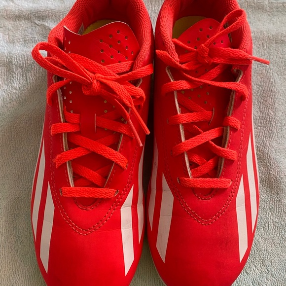 adidas Kids Bright Red (orange) cleats with White Stripes - Picture 1 of 8